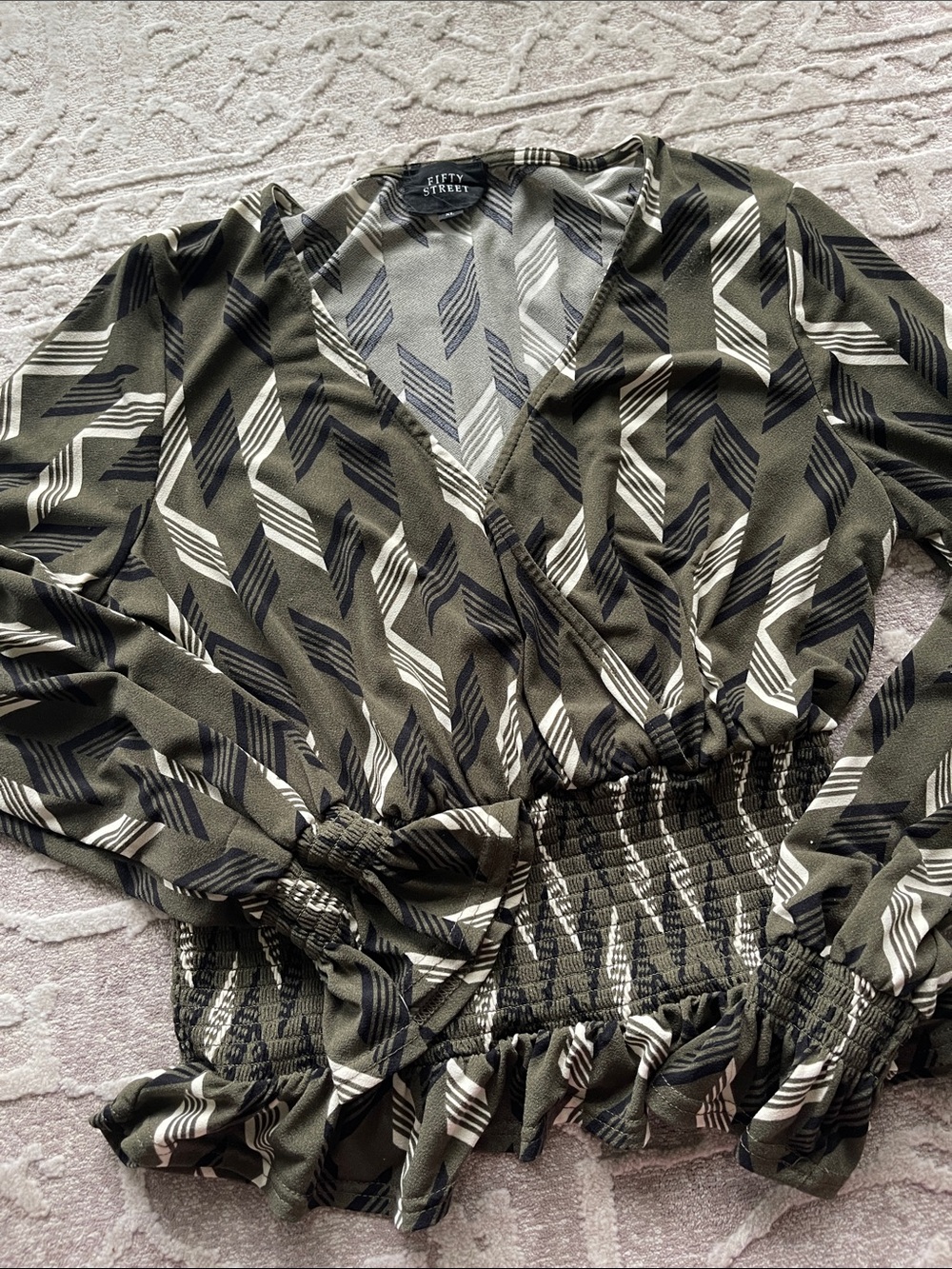 Fifty Street Smocked Waist Olive Geo-Print Blouse